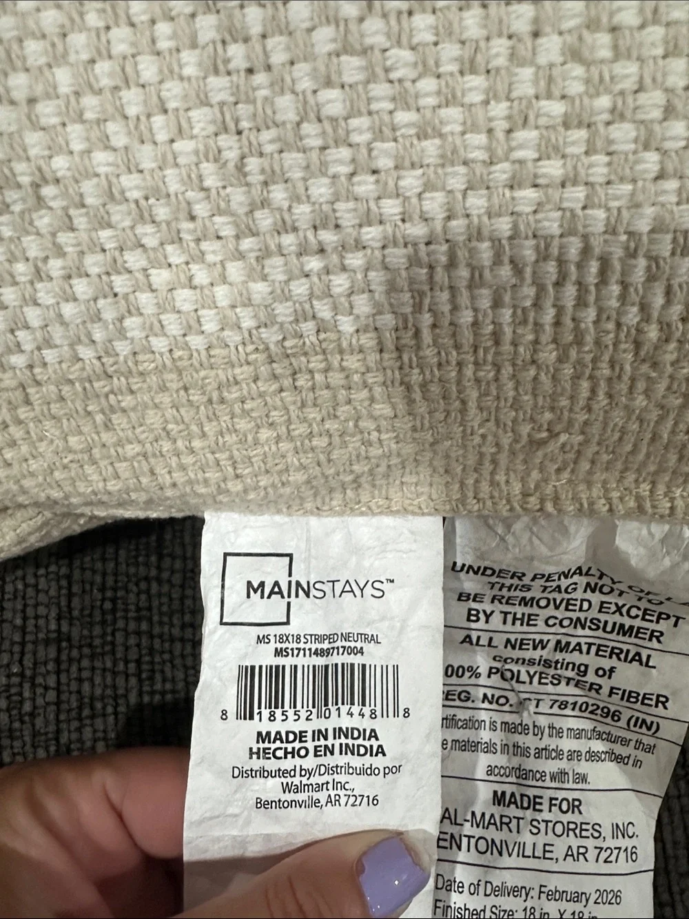 Mainstays Cream & White Striped Woven Accent Pillow 18x18 in